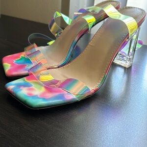 Rainbow colored block heels